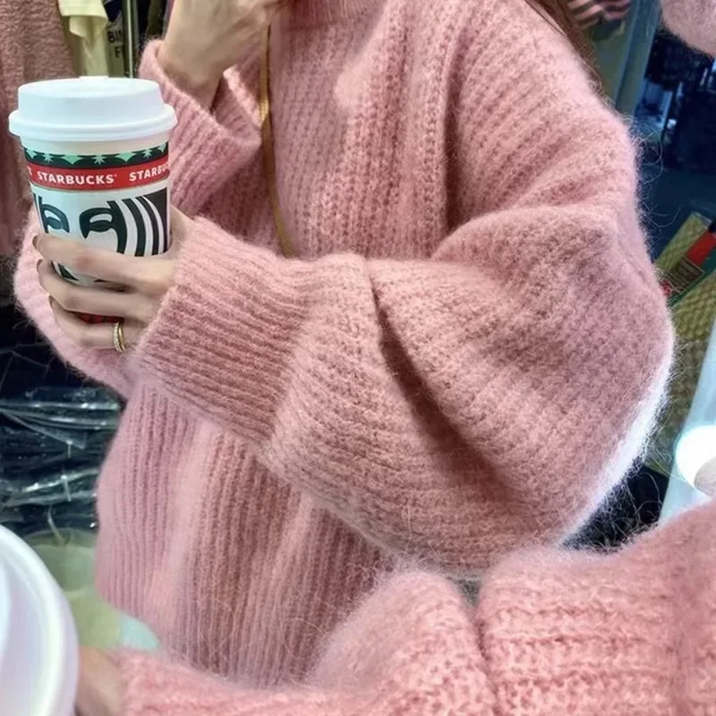 Свитер свободного покроя в корейском стиле женский розовый пуловер кроя