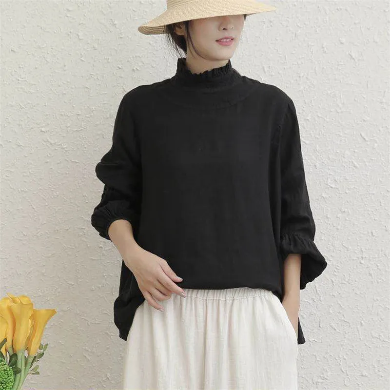 Johnature новые осенние льняные женские топы и блузки 2024 винтажные однотонные