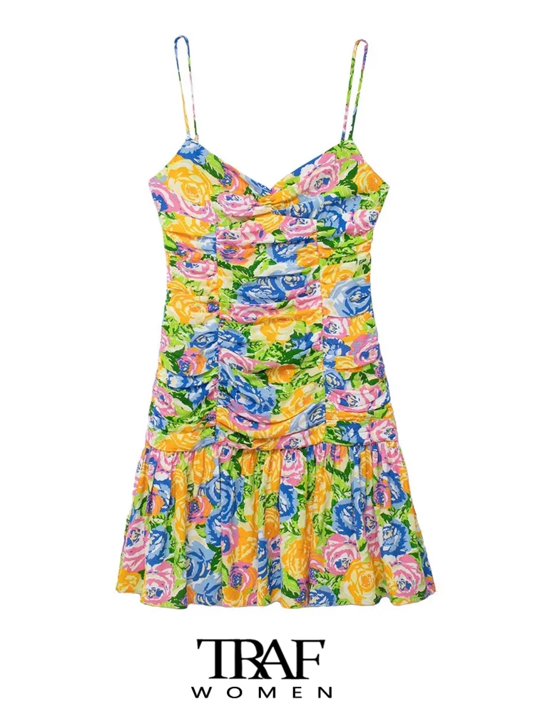 

TRAF Women Fashion Printed Draped Mini Dress Vintage Backless Zipper Adjustable Thin Straps Female Dresses Vestidos Mujer