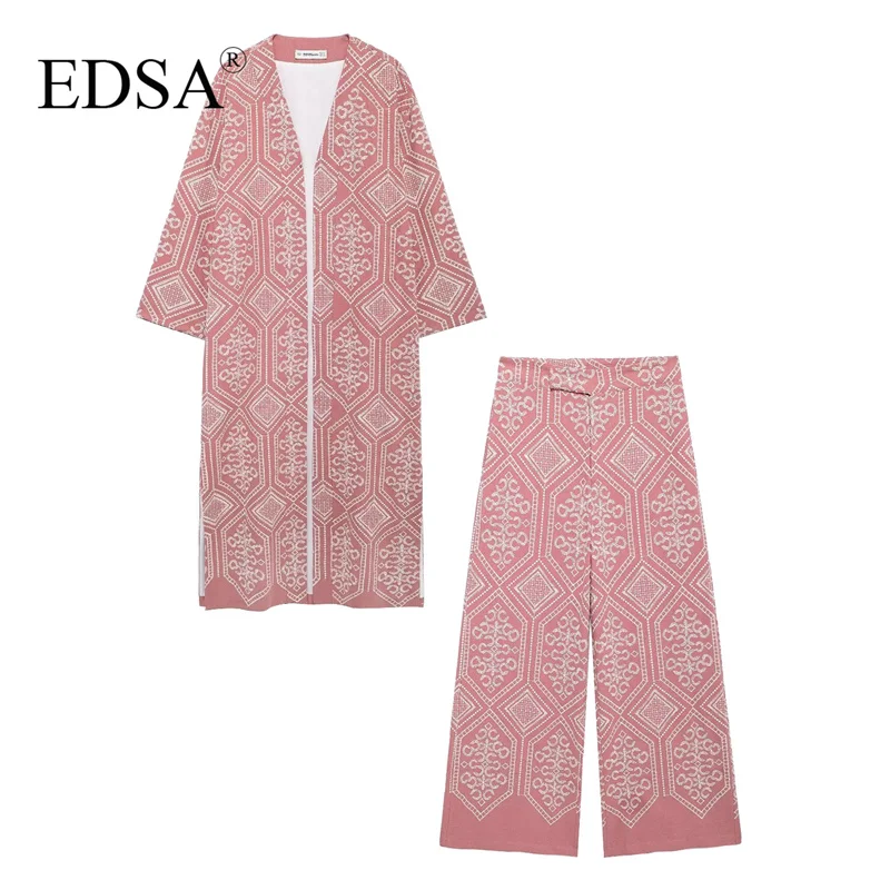 EDSA Женский Розовый Комплект Брюк С Вышивкой В Деревенском Стиле