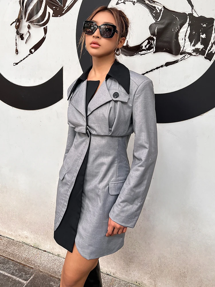 Patchwork Colorblock Blazer For Women Notched Collar Long Sleeve Single Button Blazers Female Fashion Clothes Style