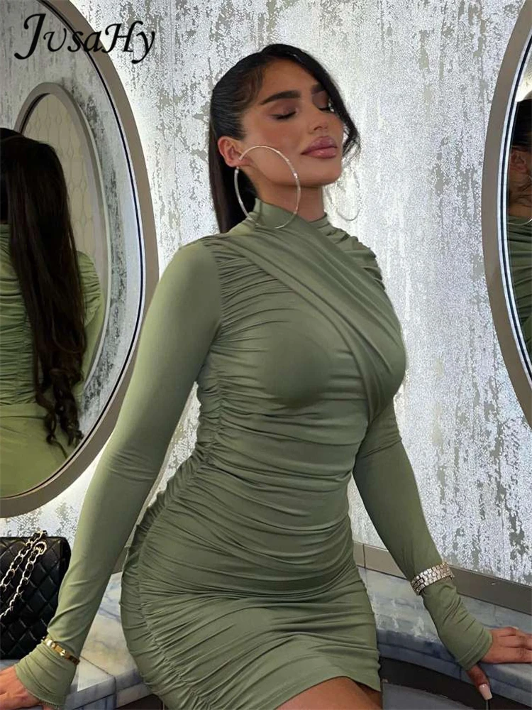 

JusaHy Women New Solid Long Sleeve Patchwork High Streetwear Turtleneck Dresses Chic Hot Pleated Mini Dress Partywear 2023