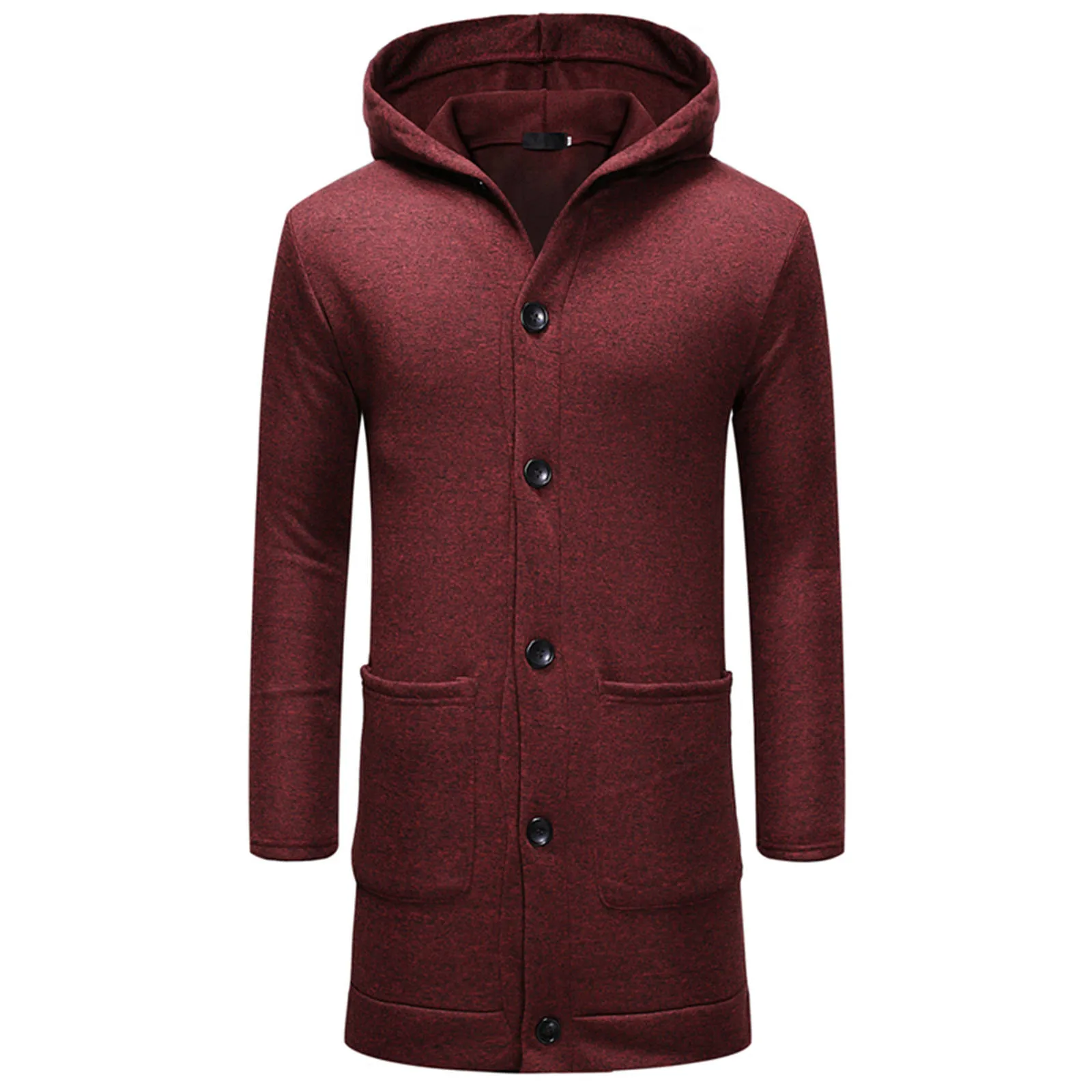 

Men's Autumn and Winter Hooded Solid Color Button Down Pocket Long Sleeve Coat Windbreaker Casual Lengthen Jacket