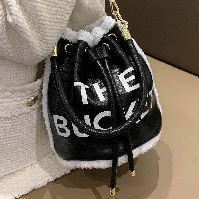 

Women's Black Drawstring Handbag Pu Leather Furry Round Bucket Sweethearts Shoulder Bags Letter Print Female Small Crossbody Bag