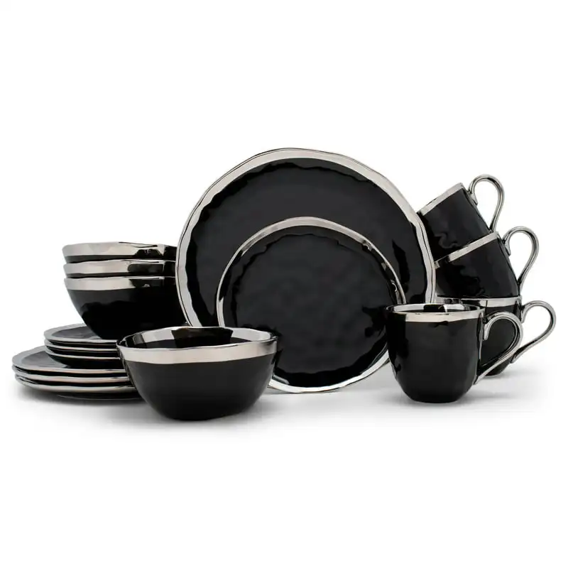 

Bubble Ceramic Dinnerware 16 Piece Set - Service for 4, Black Silver