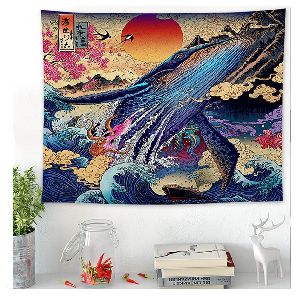 

Японский подвесной гобелен Kanagawa с принтом волн, Кит, олень Arowana, настенный подвесной гобелены в стиле бохо, покрывало, одеяло