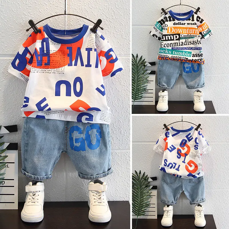 Children's Summer Suit 2022 New Arrival  Western Style Fried Street Short Sleeve T-shirt Boy Korean Style Denim Two-Piece Suit