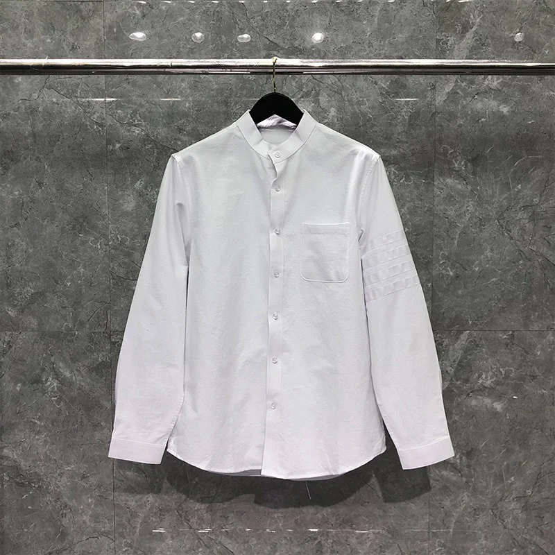 TB THOM Shirt High Quality Cotton Long Sleeve Dress Shirts Classic Fashion White 4-bar Stripes Solid Men Women Clothing
