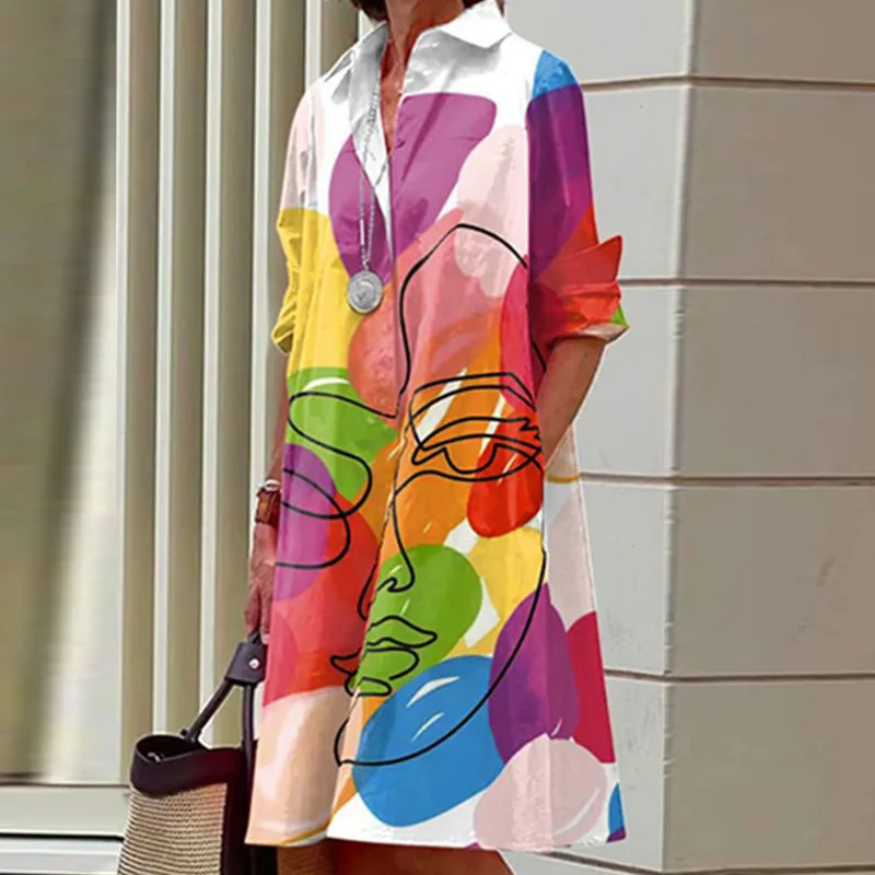 

Office Fashion Graffiti Collar Shirts Dresses Spring 2023 Long Sleeve Loose Female Midi Dress Chic Button-up Women Party Dress