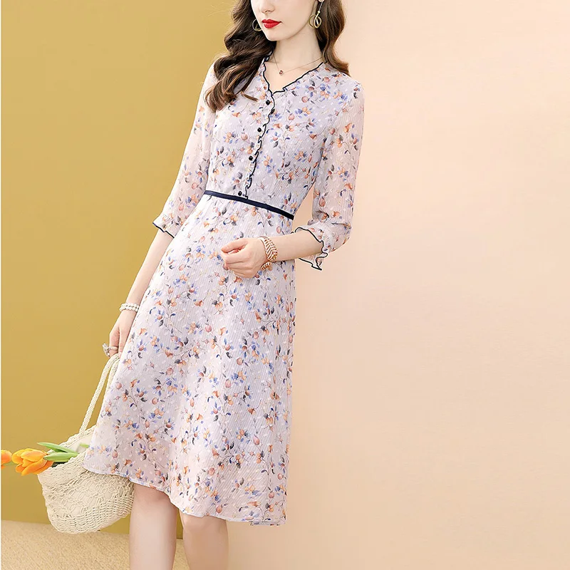 

ELLIEXI Spring 2023 Elegant Chiffon Floral Dress Women Fashion Bohemian A-line Ruffles A-line Dresses Seaside Vacation Vestidos