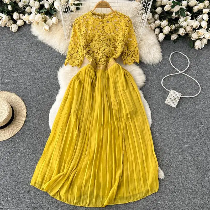 

WEIHAOBANG 2022 Summer Women's New Solid Color Hollow Round Neck Short Sleeve High Waist Slim Fitting Dress Long A-line Skirt