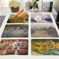 van gogh monet placemat famous oil paintings kitchen decor cotton linen dining table coaster pad bowl coffee cup mats tablecloth