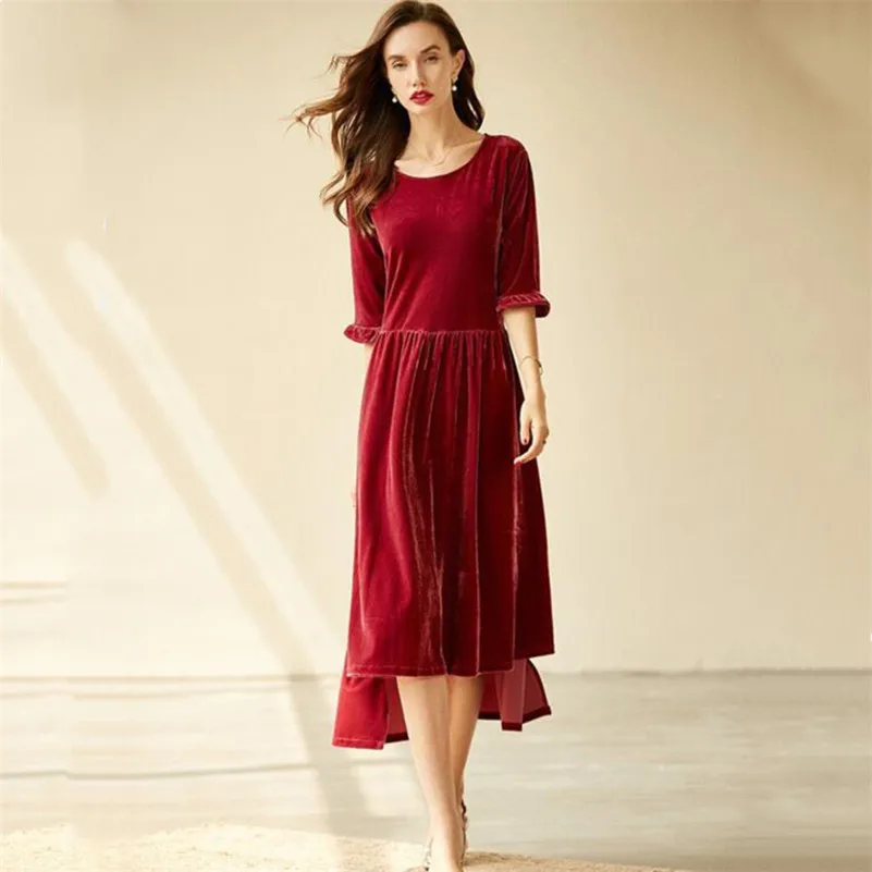 

Fashion Women Irregular Long Dress Half Sleeve Solid Velvet Casual Loose Party Vestidos Vintage Robe Femme Dress 11 Colors