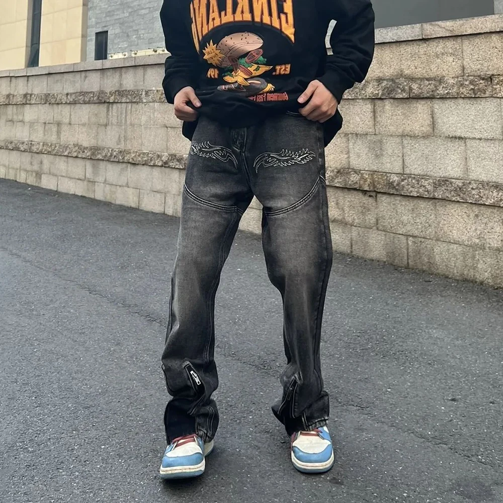 High Street Hip-Hop Embroidered Old Washed Jeans Men's New Fried Street Niche Design Straight Trousers Trendy Zipper Slit Pants