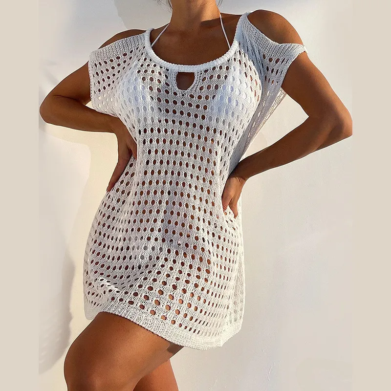

Off Shoulder Knitted Beach Dress Cover-Ups Swimwear Hollow Out Sexy Pareo Bohemian Long Sleeve Beachwear Outfits For Women