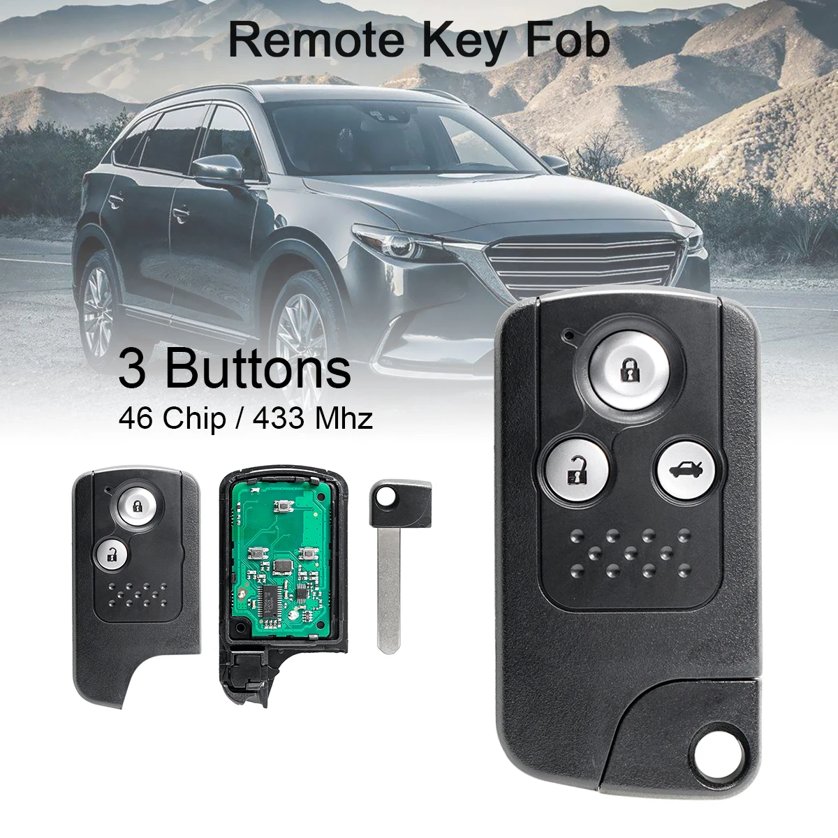 

433Mhz 3 Buttons Car Remote Key with ID46 Chip Replacement Fit for Honda CRV Accord Civic Odyssey Keyless Entry System