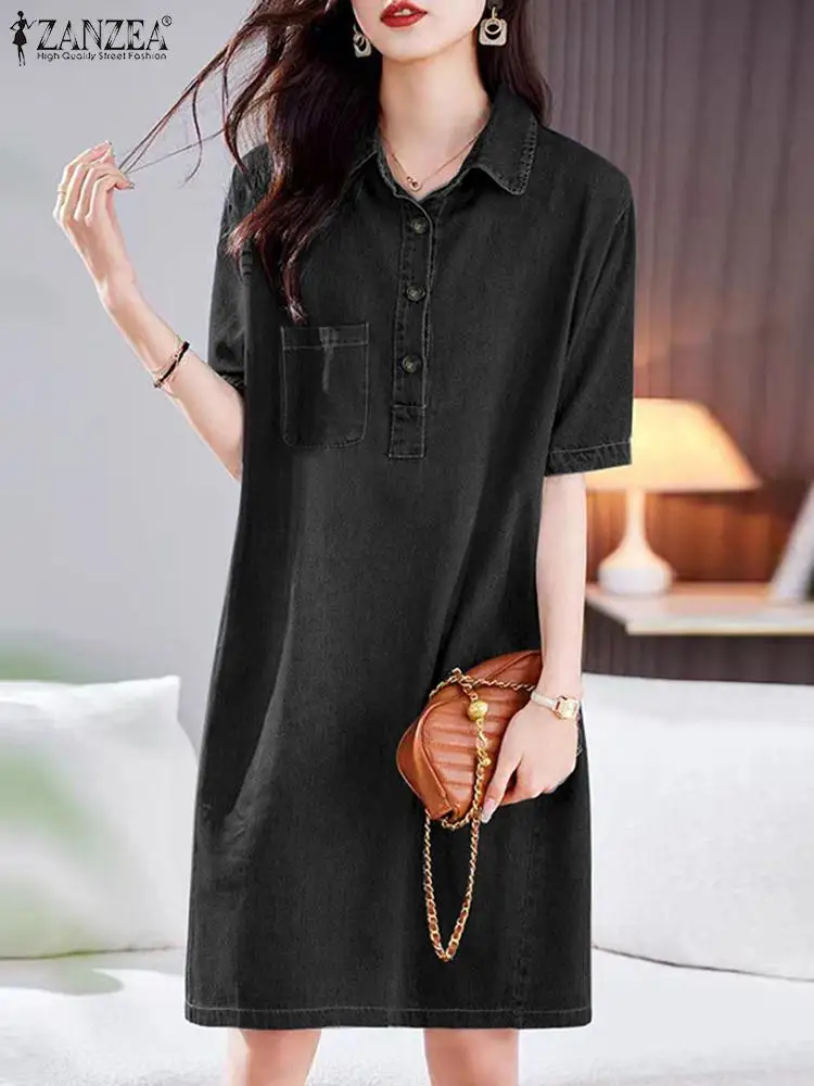 Платье ZANZEA женское джинсовое с коротким рукавом винтажное модное мини-платье