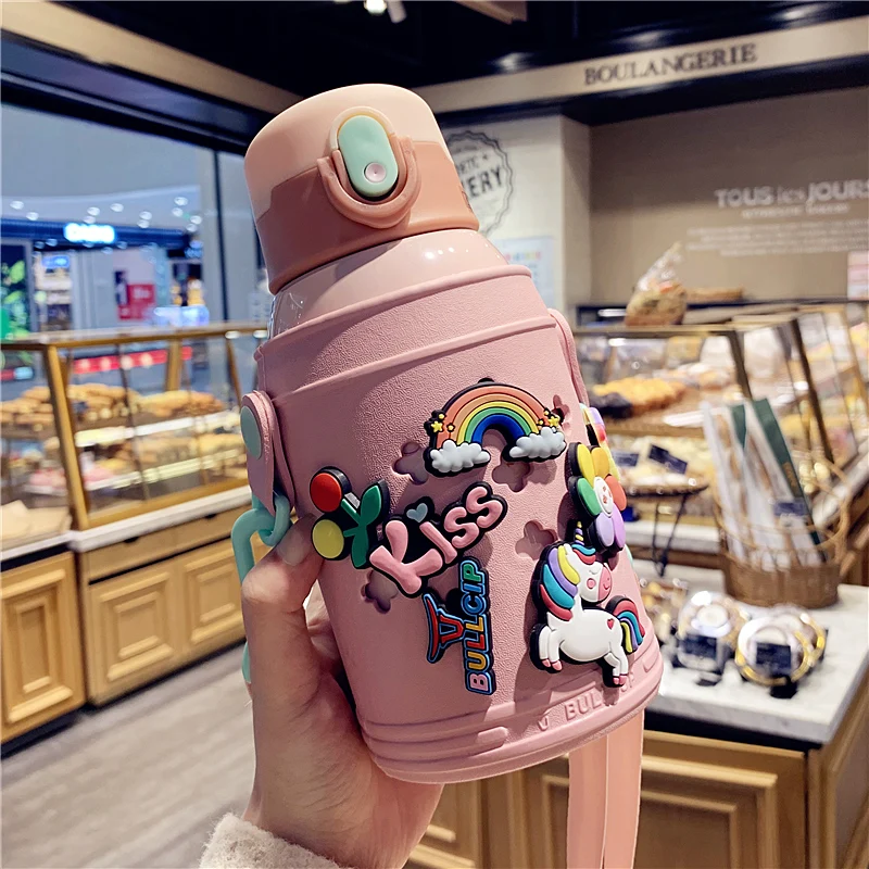 

550 ML Creative Stainless Steel Thermos Bottle With Straw Lid Cute Children School Tumbler Vacuum Flask Water Bottle Strap Rope