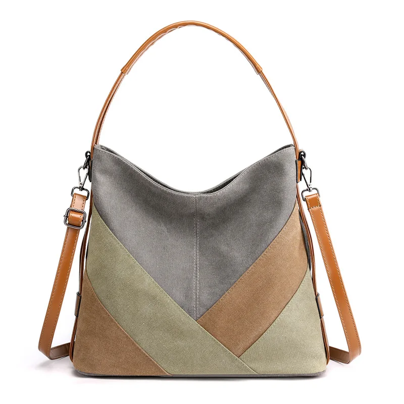 

Women's Contrast Color Handheld Canvas Bag Ladies Fashion Top-Handle Handbag Large Capacity Female Retro Crossbody Shoulder Bag