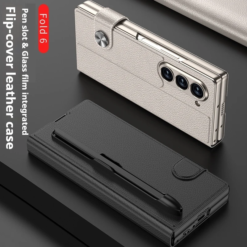 Роскошный кожаный флип-чехол для Samsung Galaxy Z Fold 6 со слотом ручки стеклянная защита