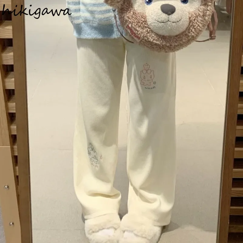 Женские широкие брюки с вышивкой кошки винтажные толстые вельветовые высокой