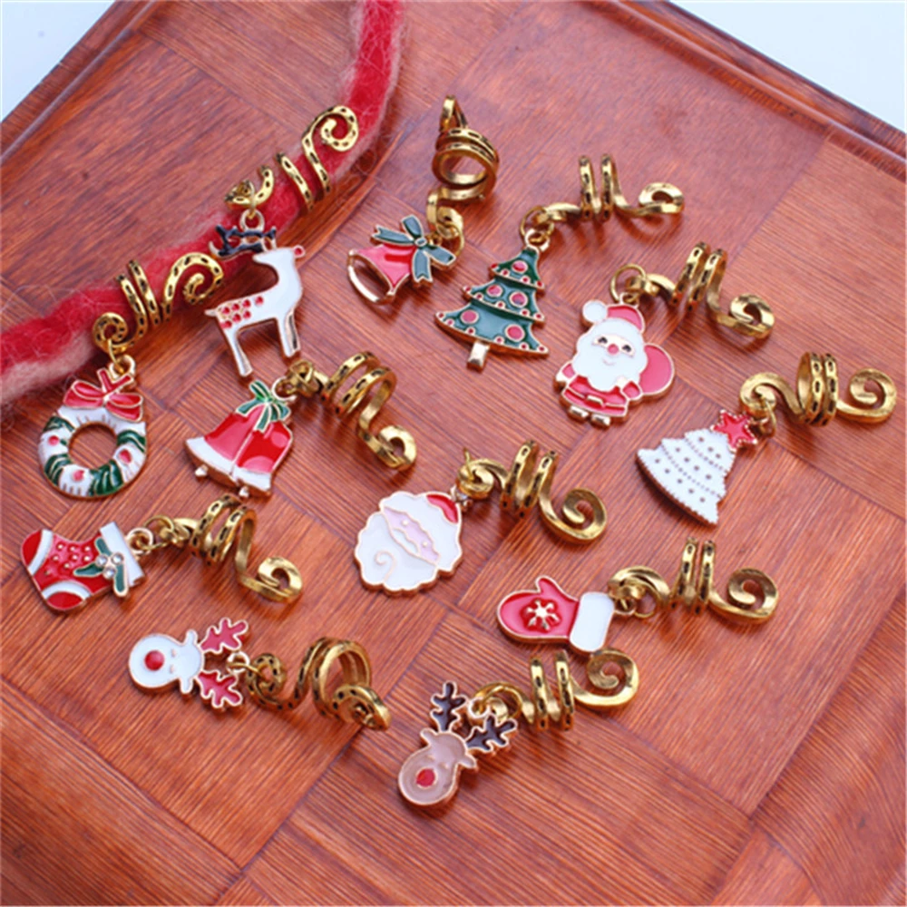 

3 Pcs Gold Color Spiral Hairpin Christmas Hair Ring Dreadlocks Bead Enamel Santa Claus Christmas Tree Sock Hair Clip Accessories