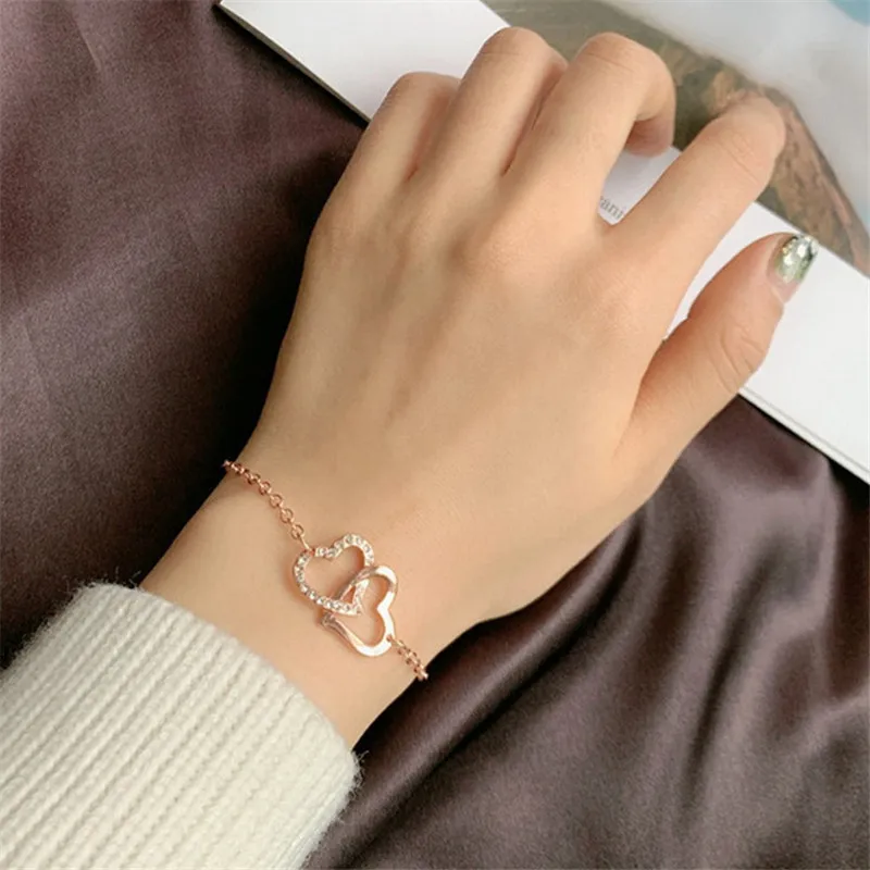 

Romantic Silver Color Crystal Double Heart Bracelet & Bangle for Women Fashion Charm Metal Chain Jewelry Wedding Party Gift 2023