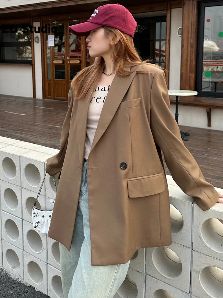 

[ZD Studio] Women Brown Size Single Button Casual Blazer New Lapel Long Sleeve Loose Fit Jacket Spring Autumn 2023