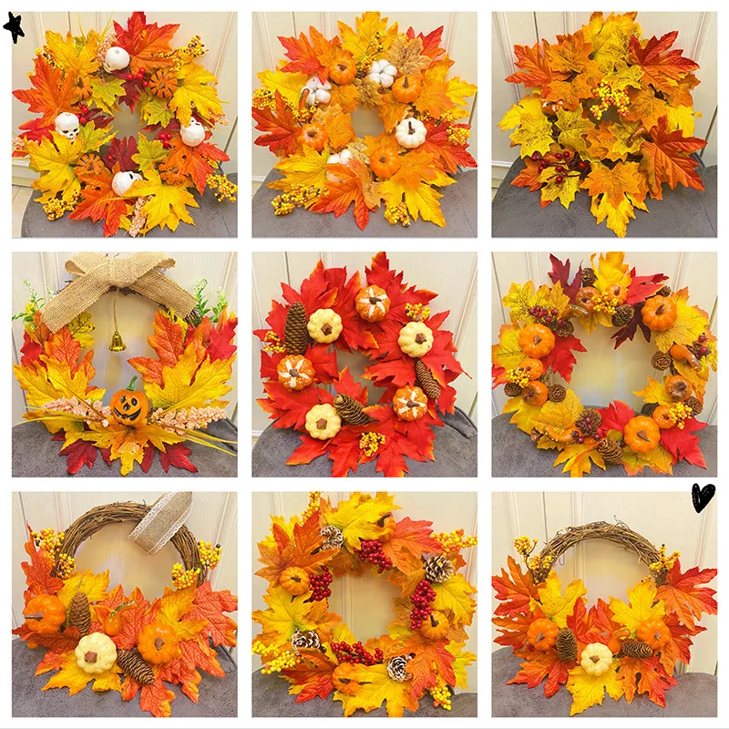 

40/50cm Artificial Autumn Wreath Decoration Maple Pine Cone Pumpkin Door Wreath Halloween Thanksgiving Garland Christmas Decor