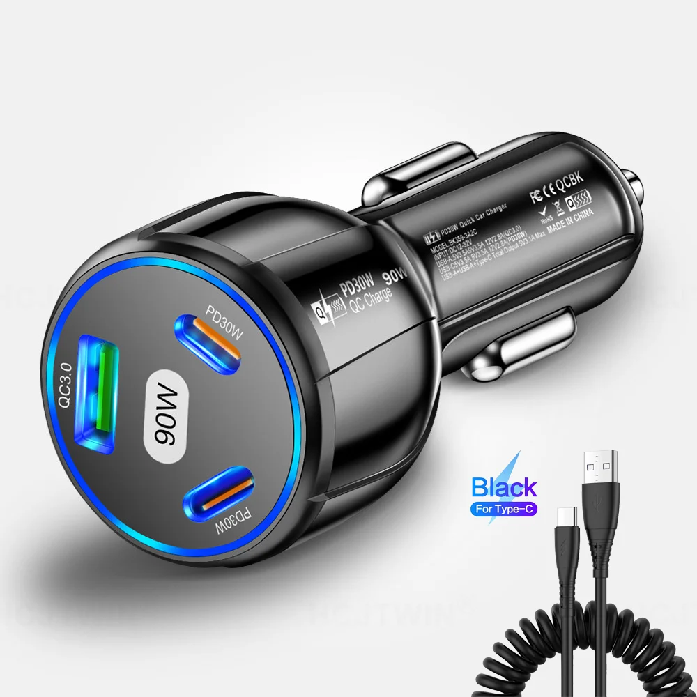 

Автомобильное зарядное устройство, два провода, 90 Вт, 1usb + 2PD
