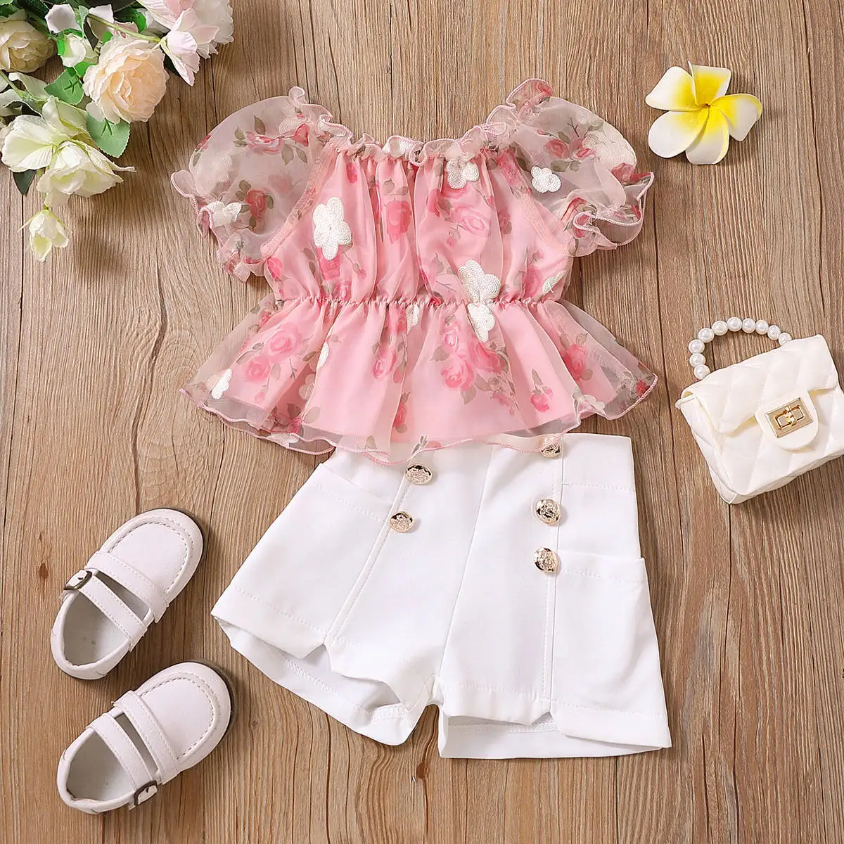 

1-6T Kid Baby Girls Clothes Summer Organza Floral Print Embroidered Lace Bubble Sleeves+Twisted Button Shorts Fashion Lovely Set