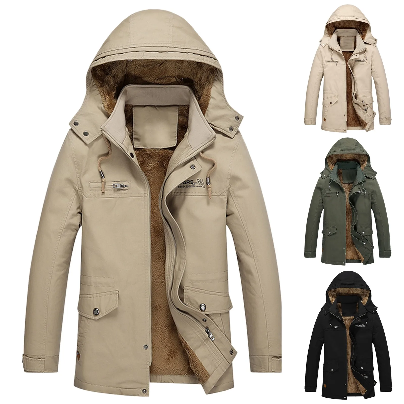 

Men's Autumn And Winter Coat Jacket Casual Stand-up Collar Warmth Plus Velvet Thick Cotton Hooded Pocket Coats veste homme