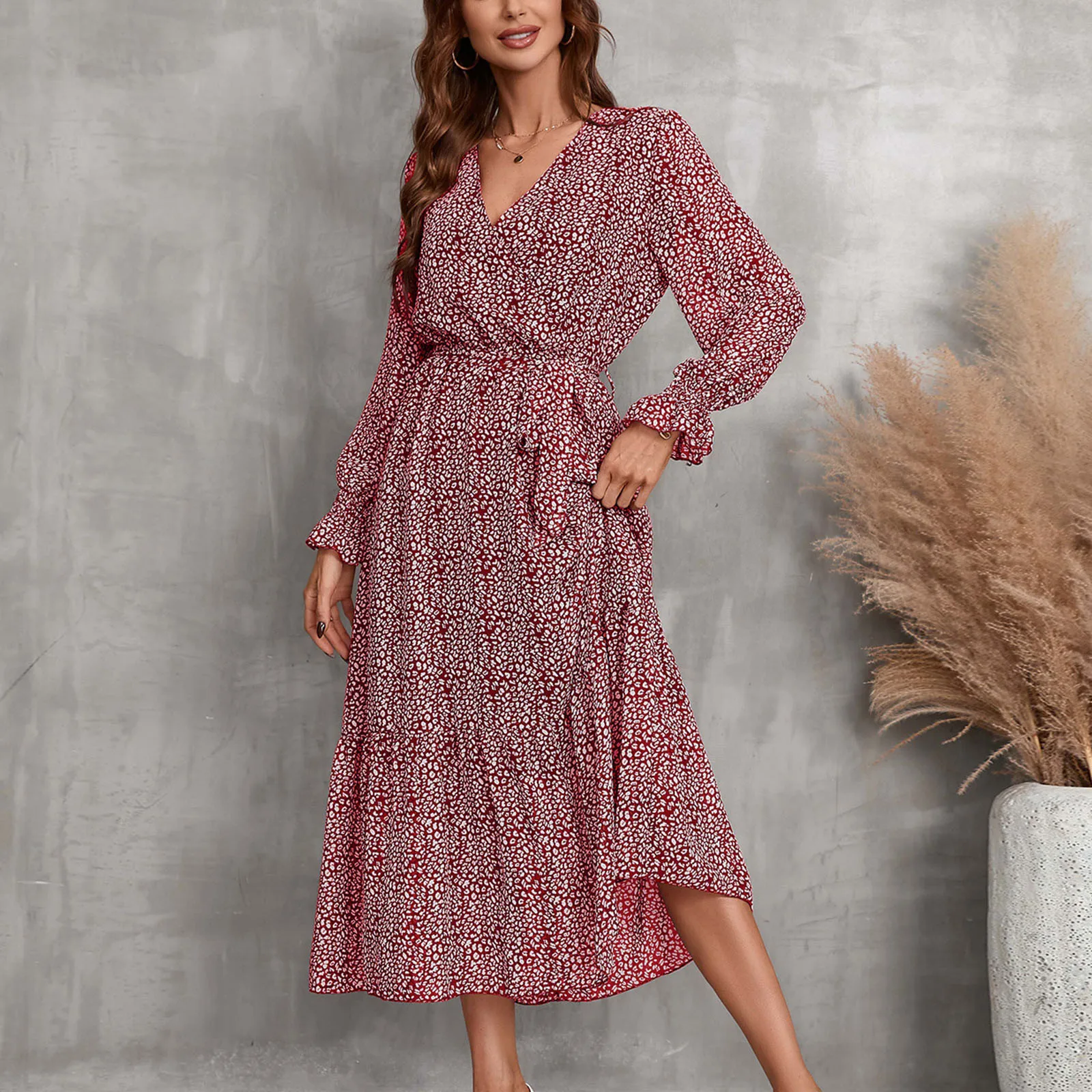 

Women Boho Dress Floral Print Long Sleeve Wrap V Neck Prom Dresses Pumpkin Dresses for Women High Low Cocktail Skater Dress