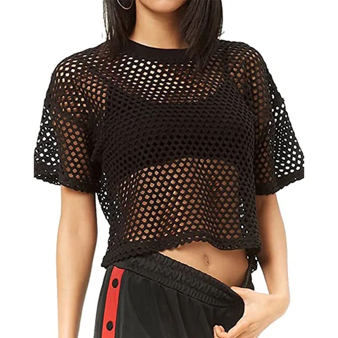 Womens See Through T-Shirt Sexy Fishnet Tank Crop Tops Casual Blouse Summer High Street Basic Summer Transparent Hollow Blouse