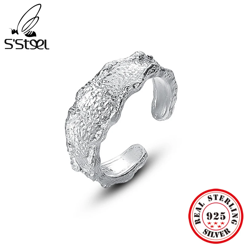 

S'STEEL 925 Sterling Silver Lava Texture Rings For Women Engagement Adjustable Ring Aestethic Vintage Designer Jewelry Anillos
