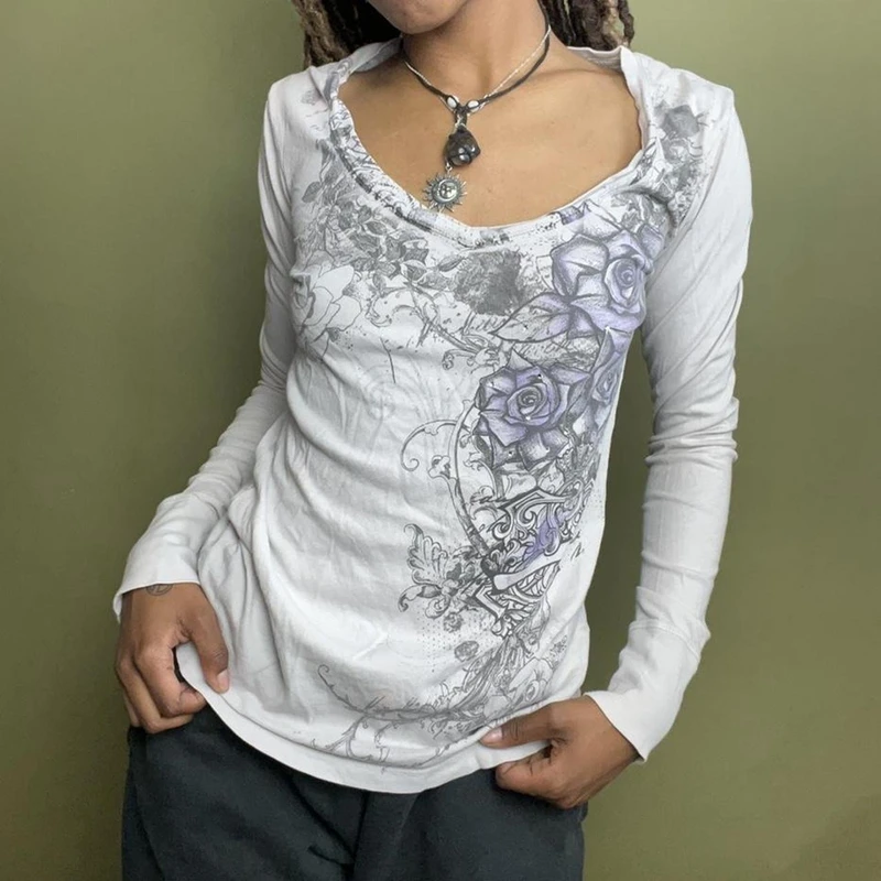 

Dourbesty гранж футболки 2000s Ретро Цветочный графический принт Топы Y2K эстетичные футболки с V-образным вырезом индийские винтажные пуловеры уличная одежда
