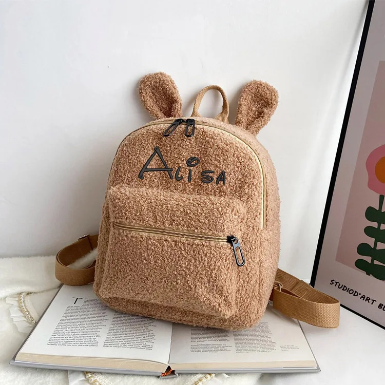 Personalised Embroidery Fuzzy Rabbit Backpack Fluffy Plush School Bag With Bunny Ears Zipper-Open Plush Shoulder Bag For Girls