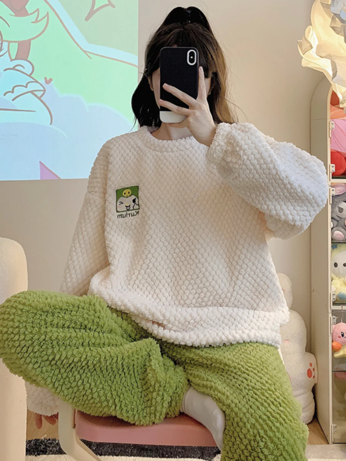 New Pajamas Women Fleece-lined Thickened Coral Fleece Long sleeve Cute Cartoon Set Autumn and Winter Casual Plus size Homewear