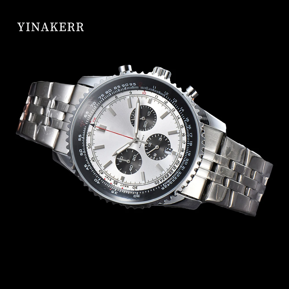 

43mm Men Top Luxury Brand Quartz Watch Full Stainless Steel 6 Pin Chronograph Calendar Rotating Case Wristwatch for Men's