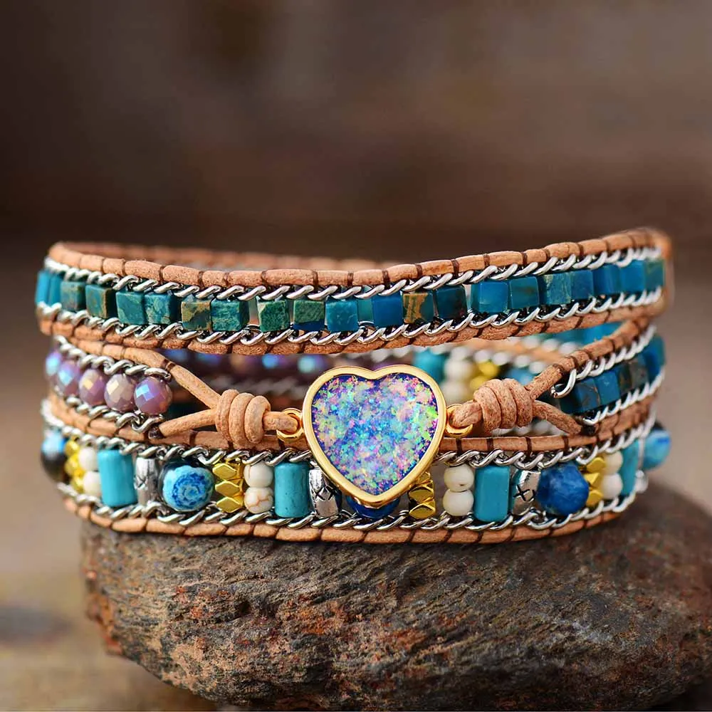 

Luxury Leather Wrap Bracelets Bling Blue Heart Opal Jaspers 3 Strands Statement Bracelet Handmade Bohemian Jewellery Bijoux