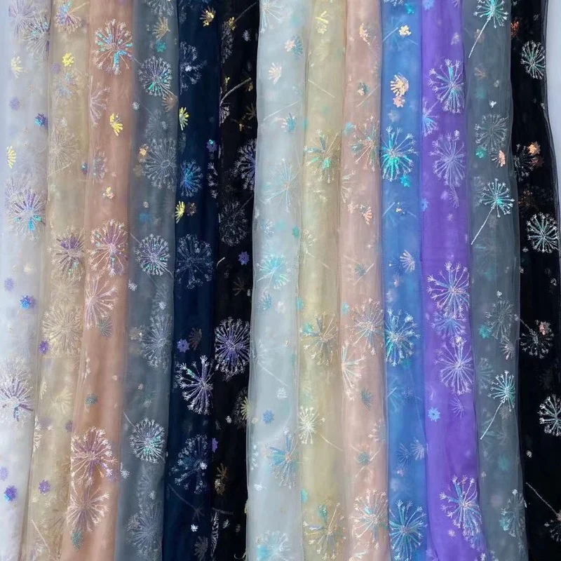 

5 Yards Women's Multi-color Mesh Lace with Dandelion Sequin Embroidery Fabric Tulle