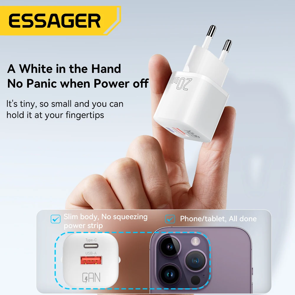 Essager 20W GaN USB Type C Charger PD Fast Charge Phone QC 3.0 Quick Chargers For iPhone 14 13 12 11 Pro Max Mini iPad Charging |