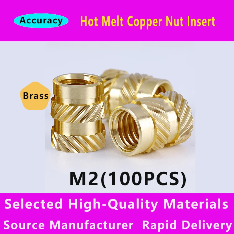 

100pcs M2 Brass Hot Melt Insert Nuts Heating Molding Copper Thread Double Twill Knurled Injection Brass Nut Printer screws