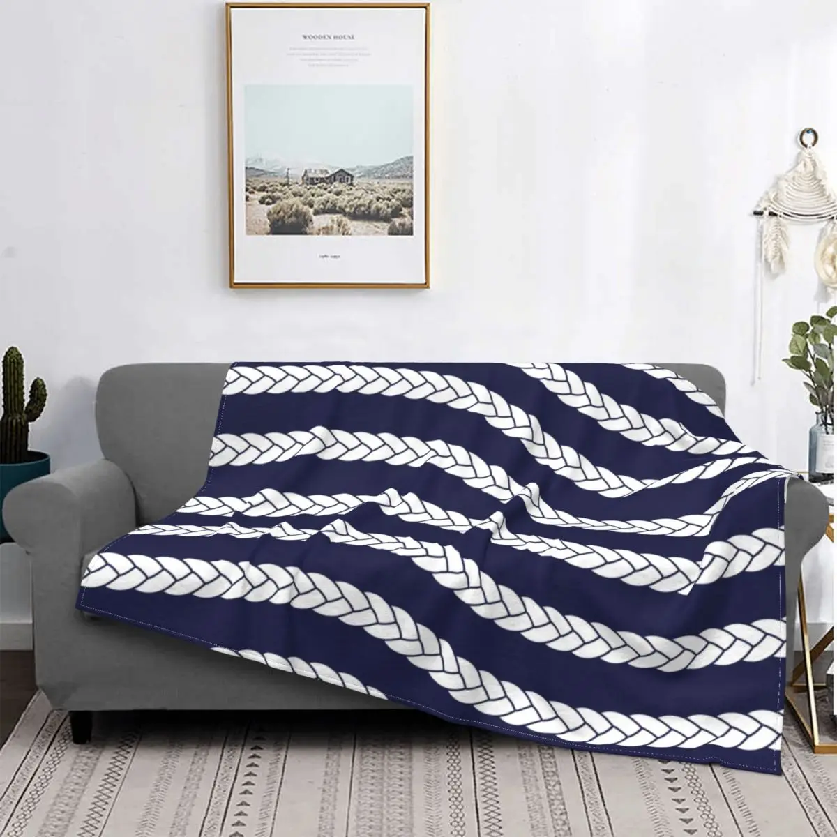 

Nautical Braid In Navy Blankets Flannel Summer Multifunction Warm Throw Blanket for Bed Car Rug Piece