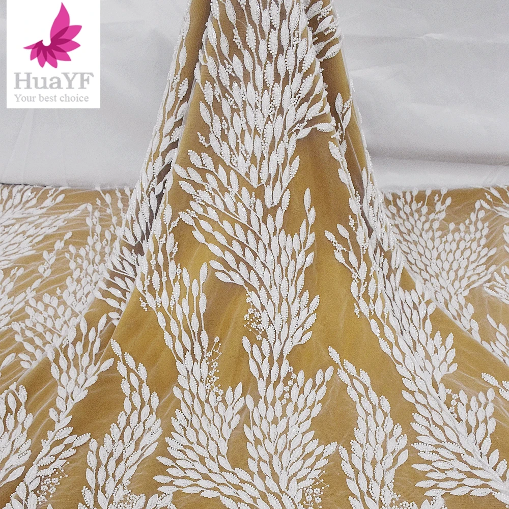 

1 ярд, кружевная вышивка с французскими листьями, ткань с 3D бусинами для женщин, белая фототкань HY2014