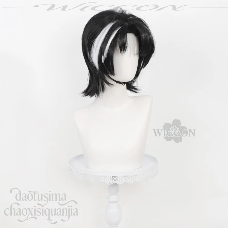 Фото Короткий черный парик Handsome Rien Cos Hair Limbus Company с белыми прядями, синтетический парик для костюма на Хэллоуин №4