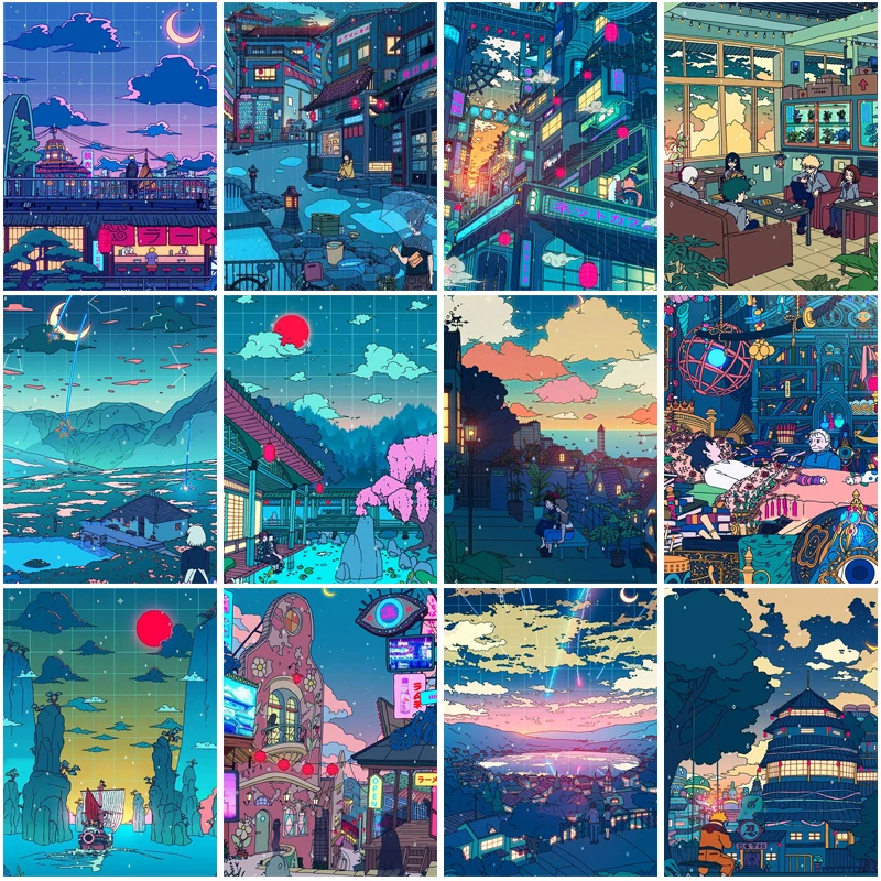 

5D Diy Diamond Painting Japanese Anime Night Scene Embroidery Mosaic Picture Full Round Diamond Room Decoration Wall Sticker