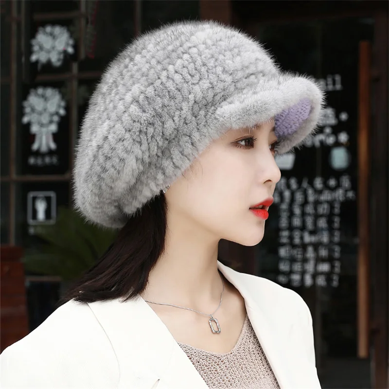 Hot Sale Winter Leather Mink Wool  Hat Women's 100% Genuine Mink Wool Knitted Hat Elastic Knitted Plush Warm Hat