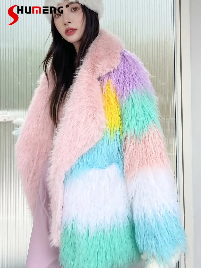 Beautiful Woman Colored Mosaic Warm Fur Coat 2023 Winter New High-end Luxury Suit Collar Imitation Mid-Length Fur Jacket Femme