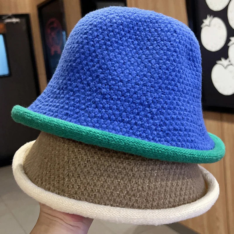 Winter bounet wool blend Contrast Hemming knitting bucket hat Fashion basin cap for ladies Warm casual fisherman hat panama cap